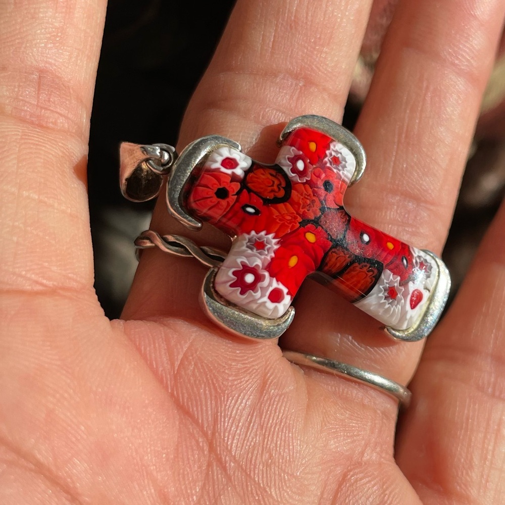 Handmade in Murano, Italy Millefiori glass cross 925 sterling silver pendant - Picture 11 of 16